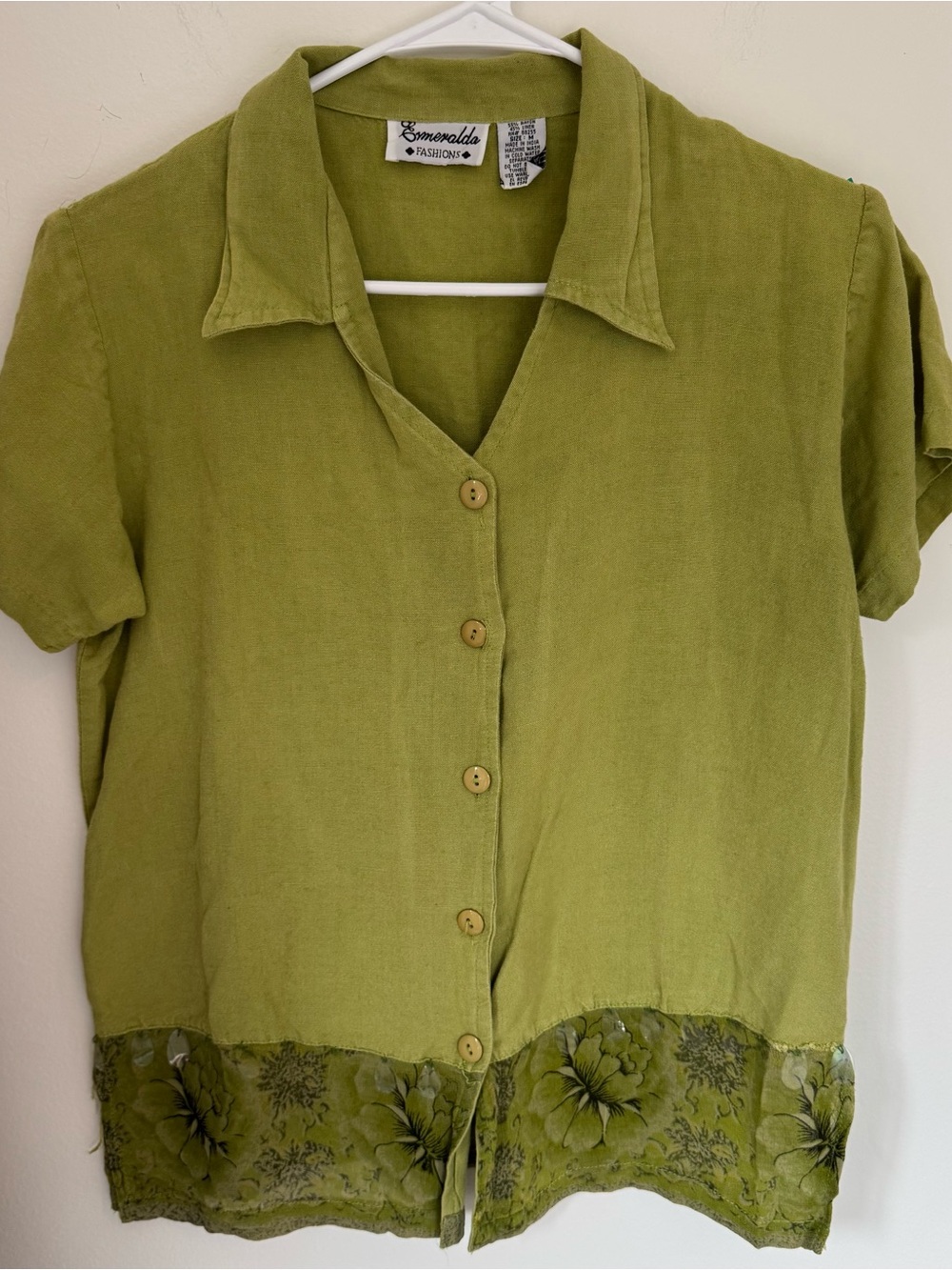 Vintage 90s Esmeralda Fashions Green Linen Blouse with Beaded Sequin Floral Hem